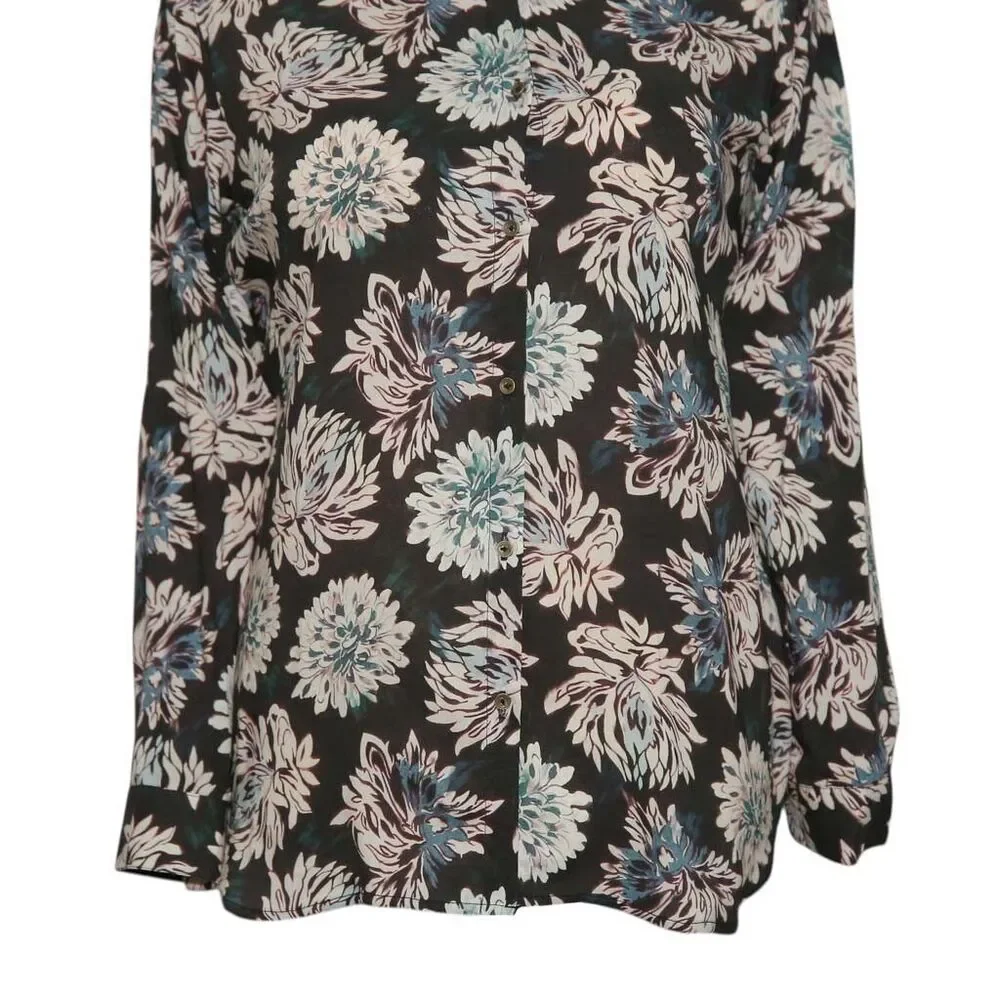 Womens Floral Shirt Black Pink Blue Blouse Button Up Dressy Top Medium Work - Picture 5 of 7